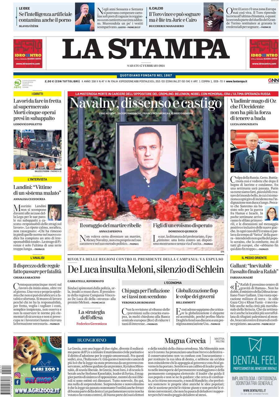 anteprima della prima pagina di la-stampa del 17/02/2024