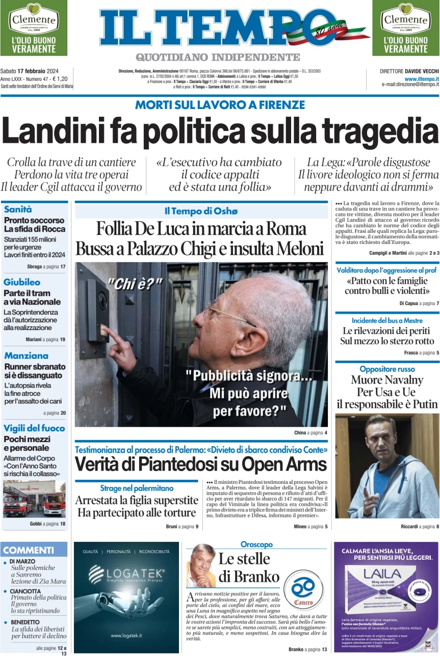 anteprima della prima pagina di il-tempo del 17/02/2024