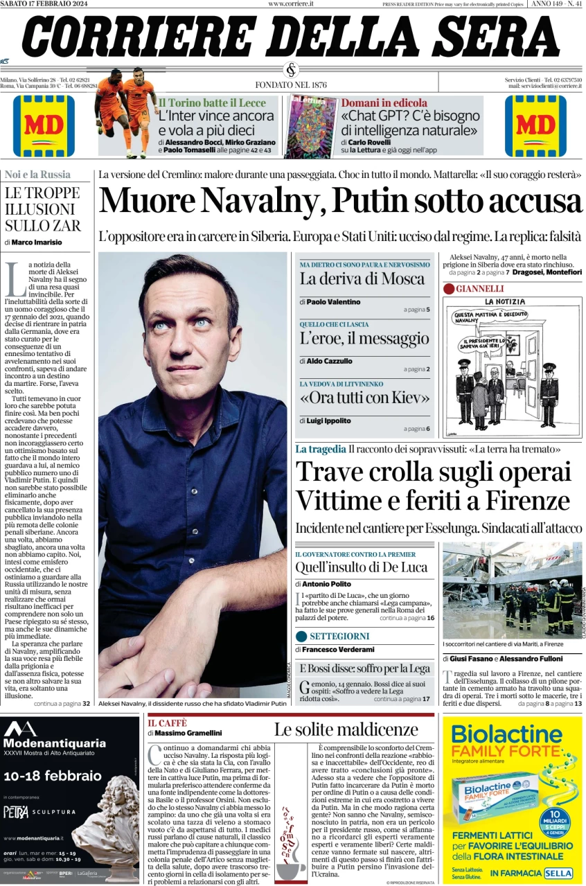 anteprima della prima pagina di corriere-della-sera del 17/02/2024