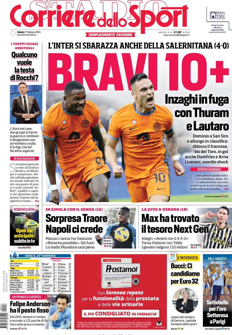 anteprima della prima pagina di corriere-dello-sport del 17/02/2024