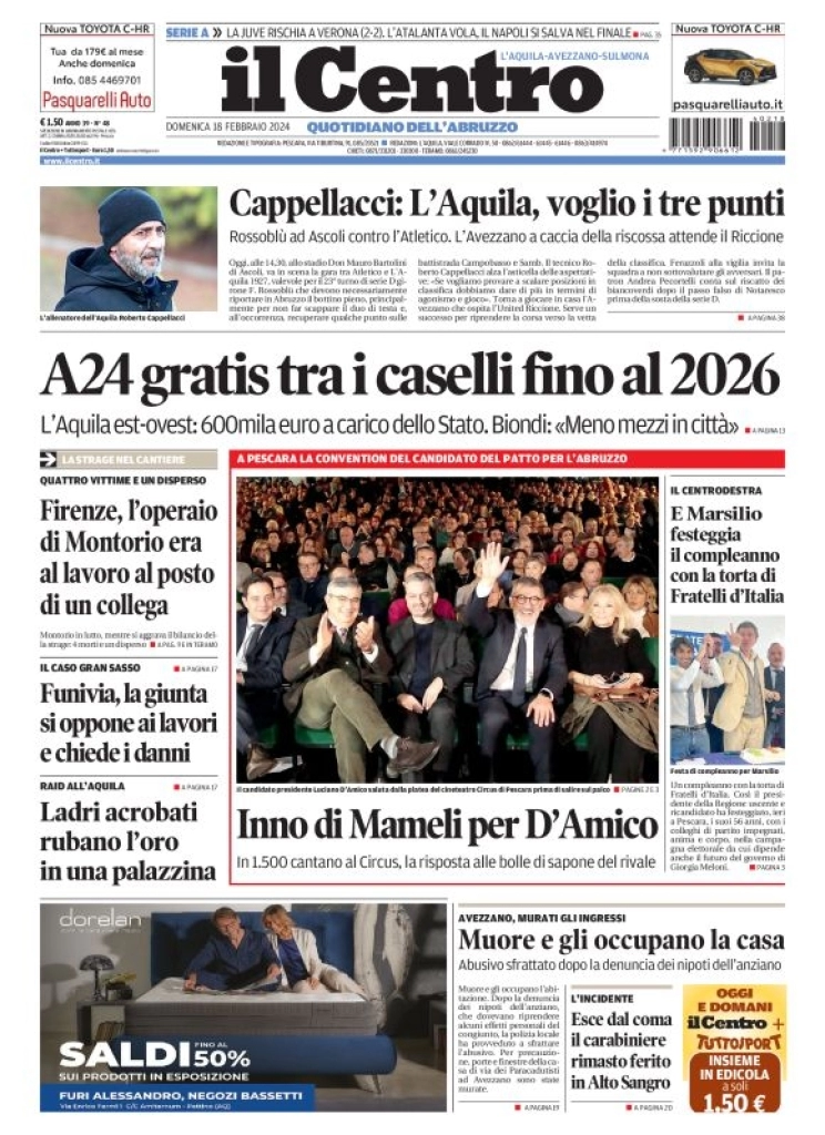 anteprima della prima pagina di il-centro-laquila del 18/02/2024