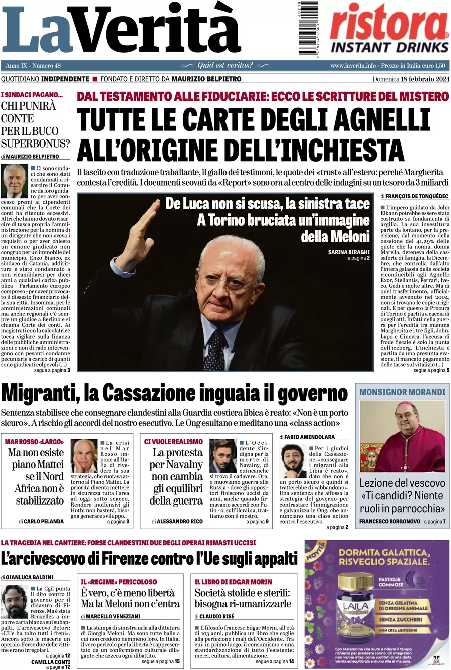 anteprima della prima pagina di la-verit del 18/02/2024