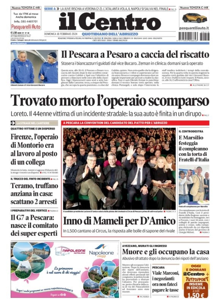 anteprima della prima pagina di il-centro-pescara del 18/02/2024