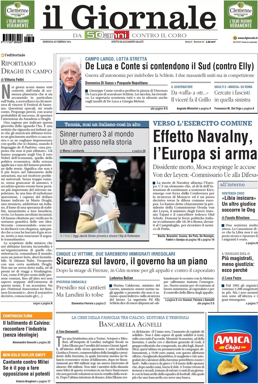 anteprima della prima pagina di il-giornale del 18/02/2024