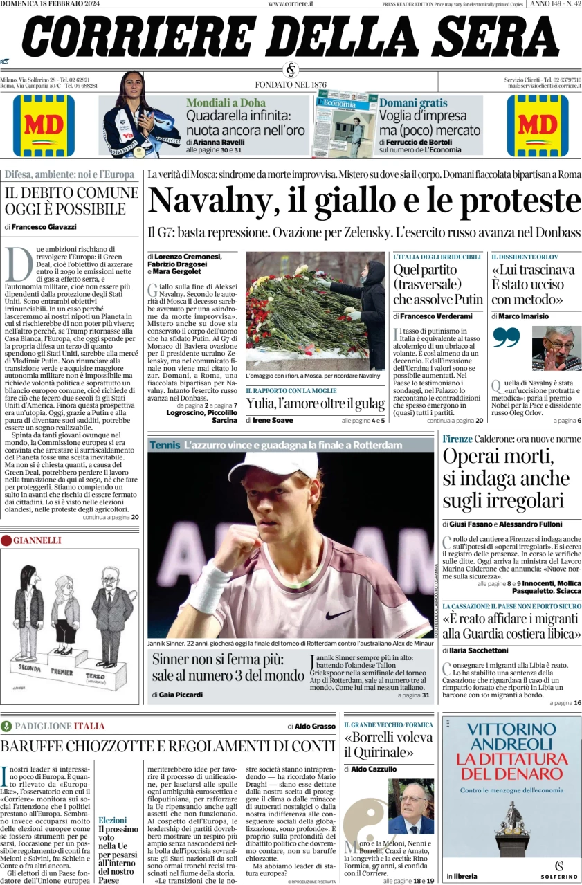 anteprima della prima pagina di corriere-della-sera del 18/02/2024