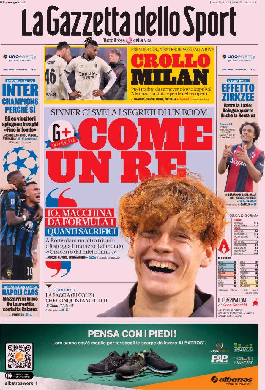 anteprima della prima pagina di la-gazzetta-dello-sport del 19/02/2024