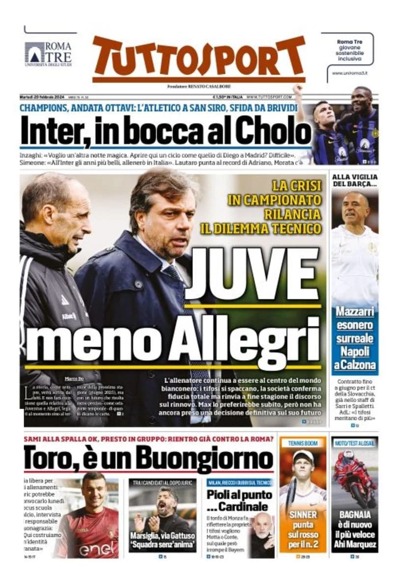 anteprima della prima pagina di tuttosport del 19/02/2024