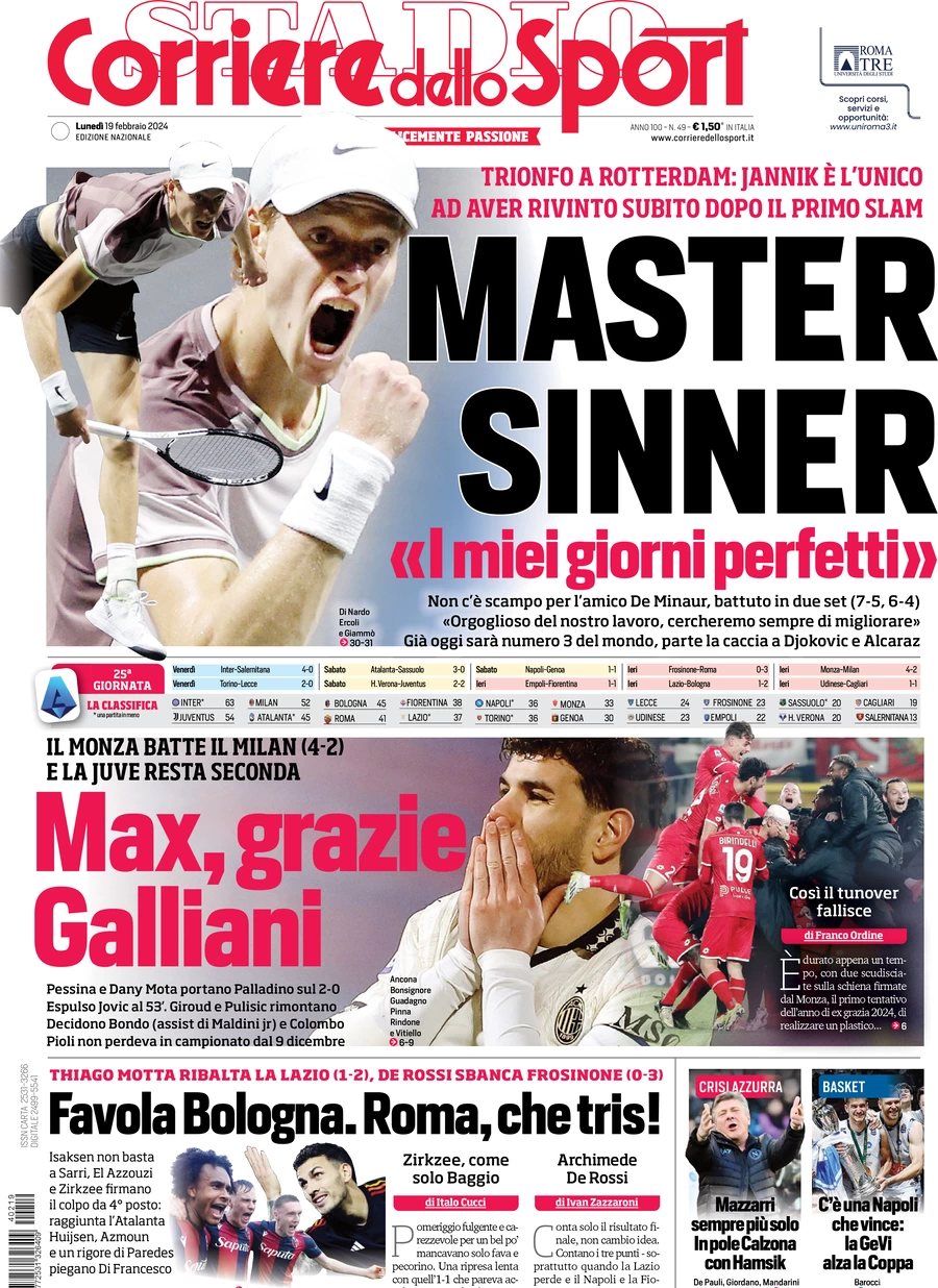 anteprima della prima pagina di corriere-dello-sport del 19/02/2024