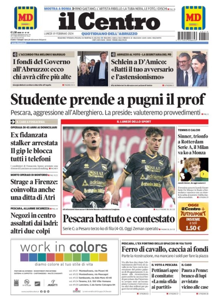 anteprima della prima pagina di il-centro-pescara del 19/02/2024