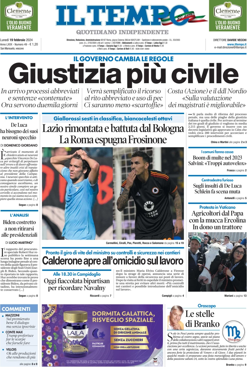 anteprima della prima pagina di il-tempo del 19/02/2024