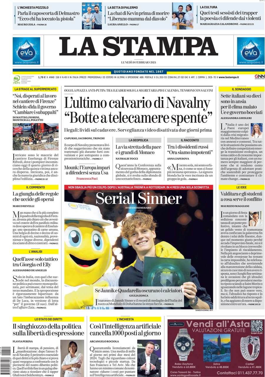 anteprima della prima pagina di la-stampa del 19/02/2024