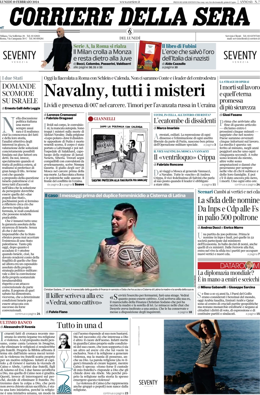 anteprima della prima pagina di corriere-della-sera del 19/02/2024