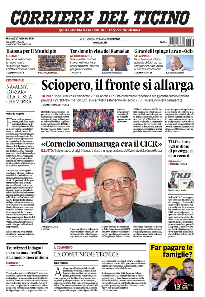 anteprima della prima pagina di corriere-del-ticino del 19/02/2024