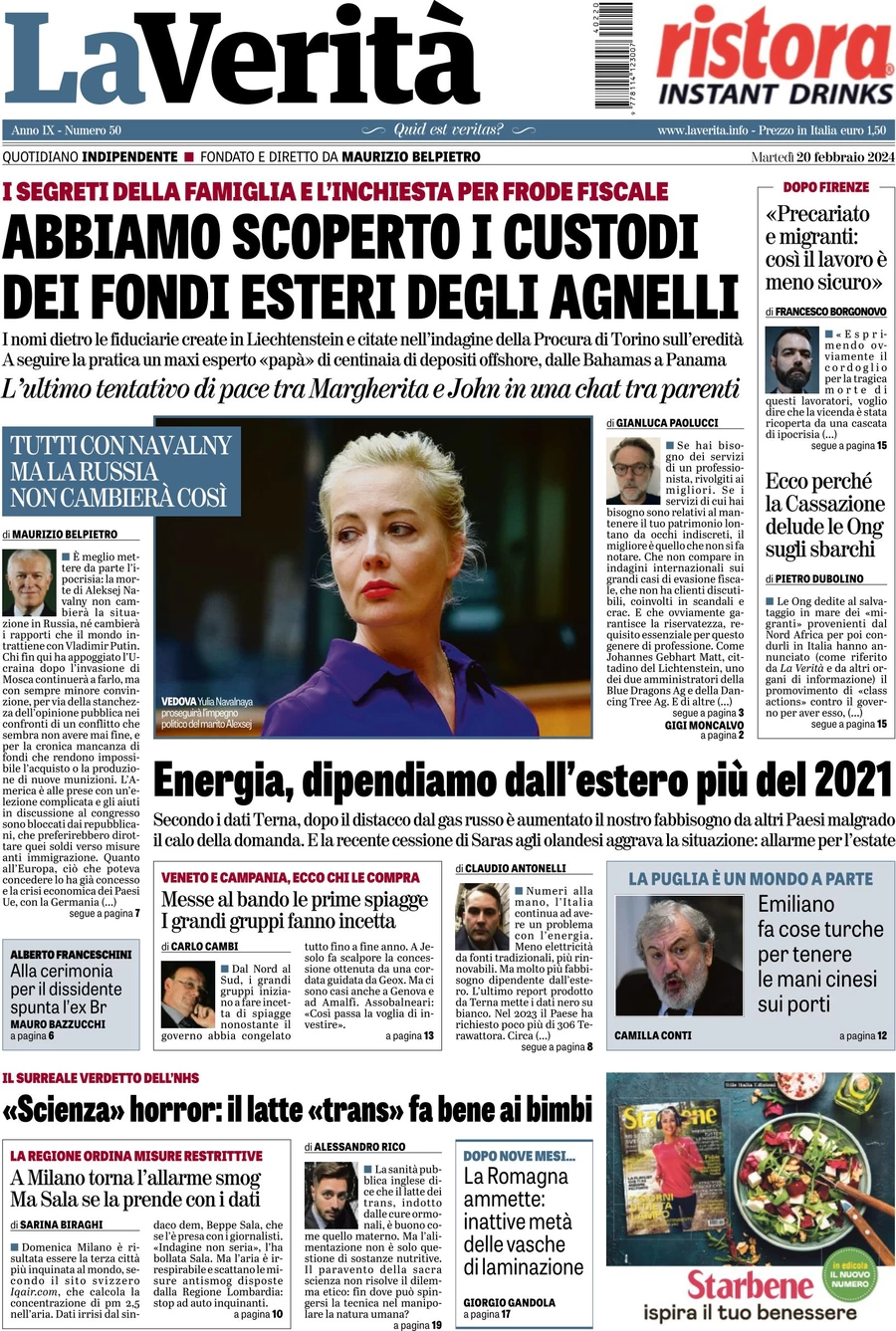 anteprima della prima pagina di la-verit del 19/02/2024