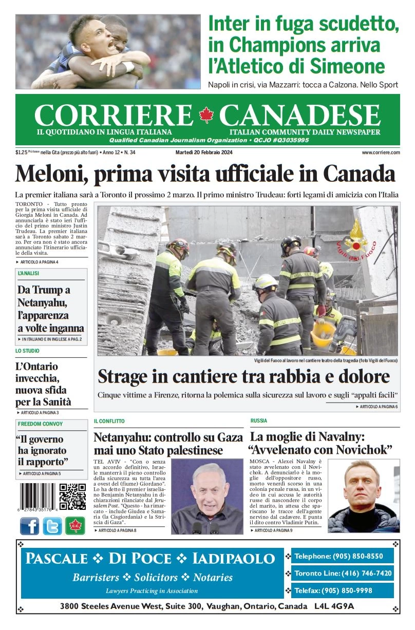 anteprima della prima pagina di corriere-canadese del 19/02/2024