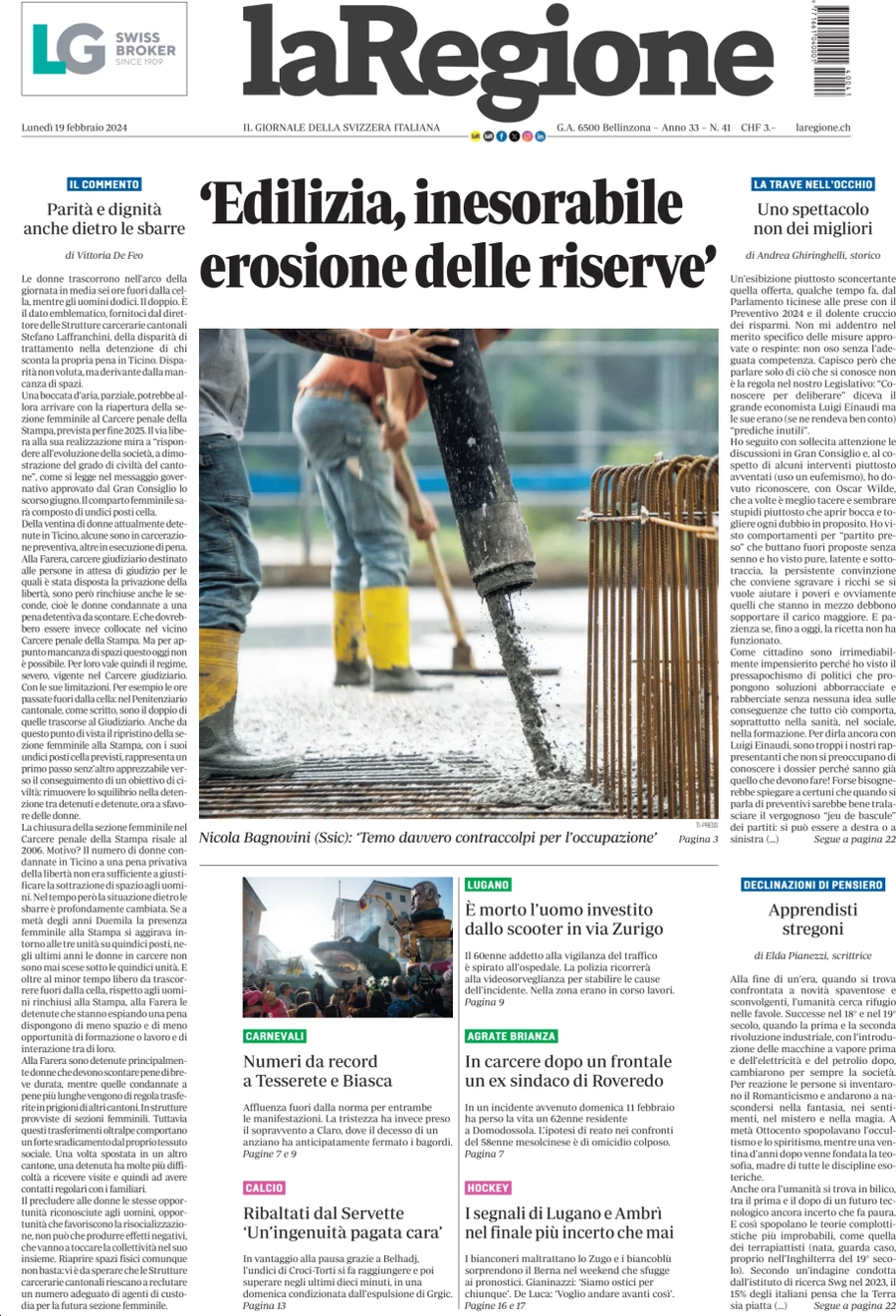 anteprima della prima pagina di la-regione del 19/02/2024