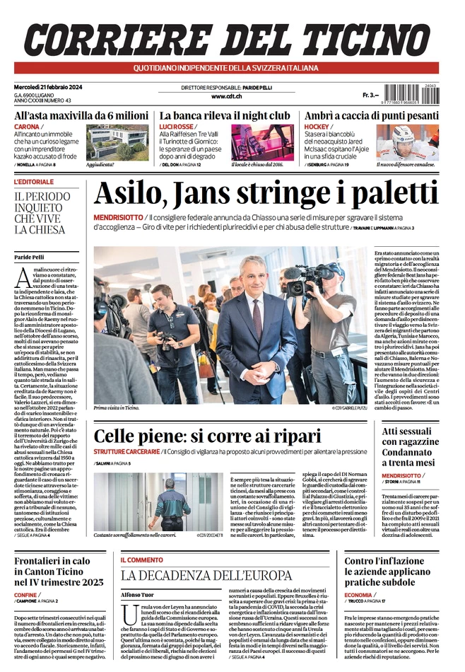 anteprima della prima pagina di corriere-del-ticino del 20/02/2024