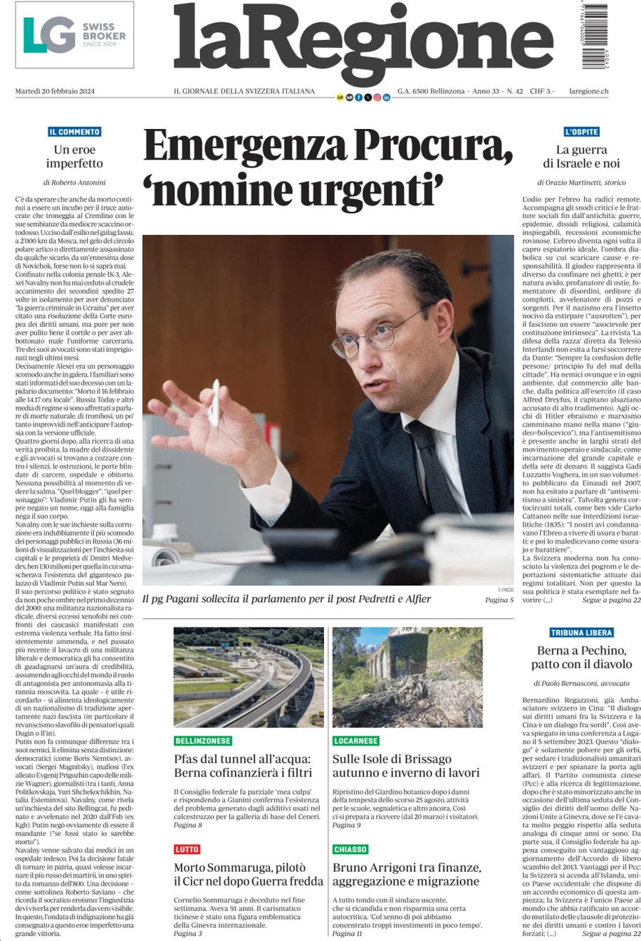 anteprima della prima pagina di la-regione del 20/02/2024