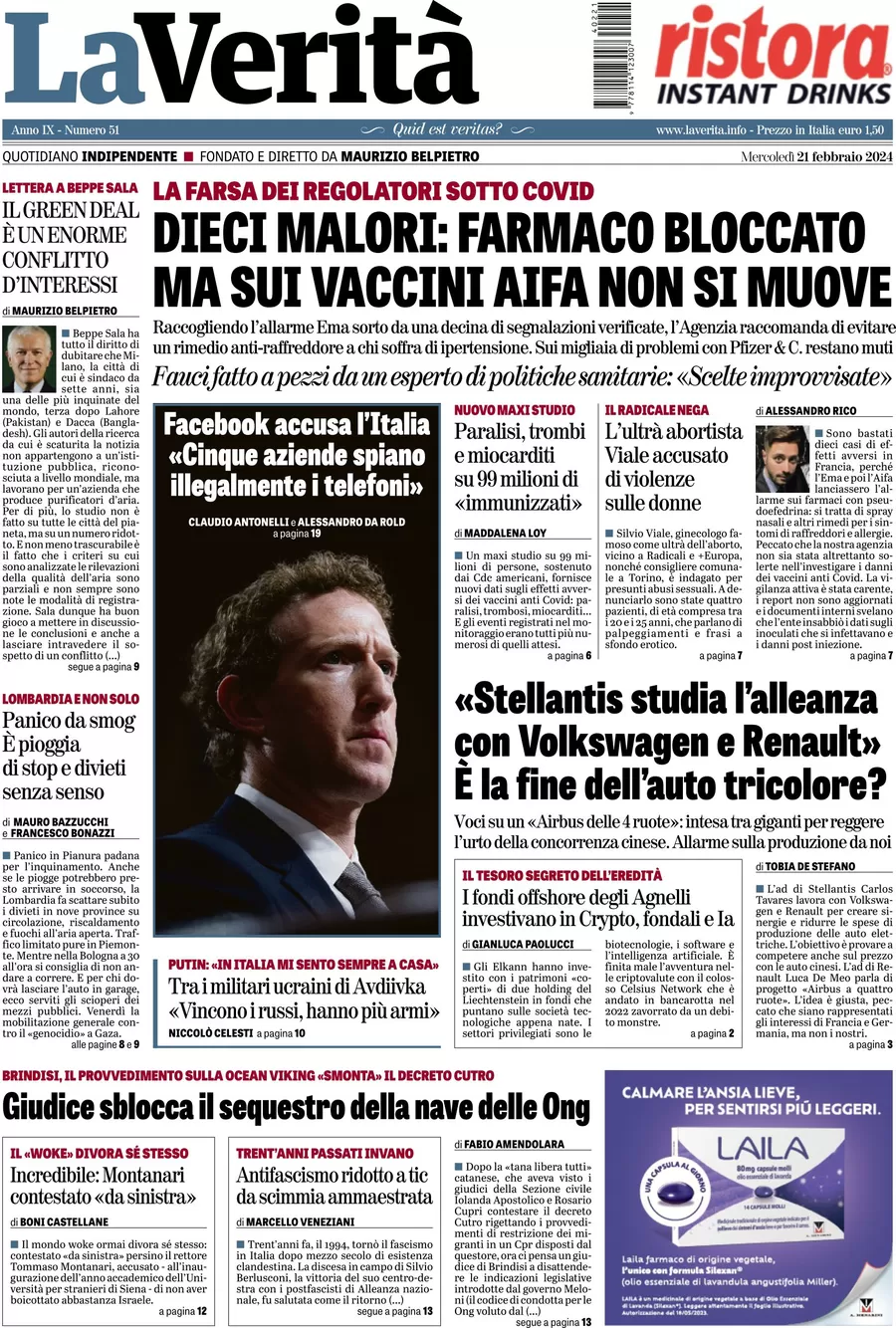 anteprima della prima pagina di la-verit del 20/02/2024