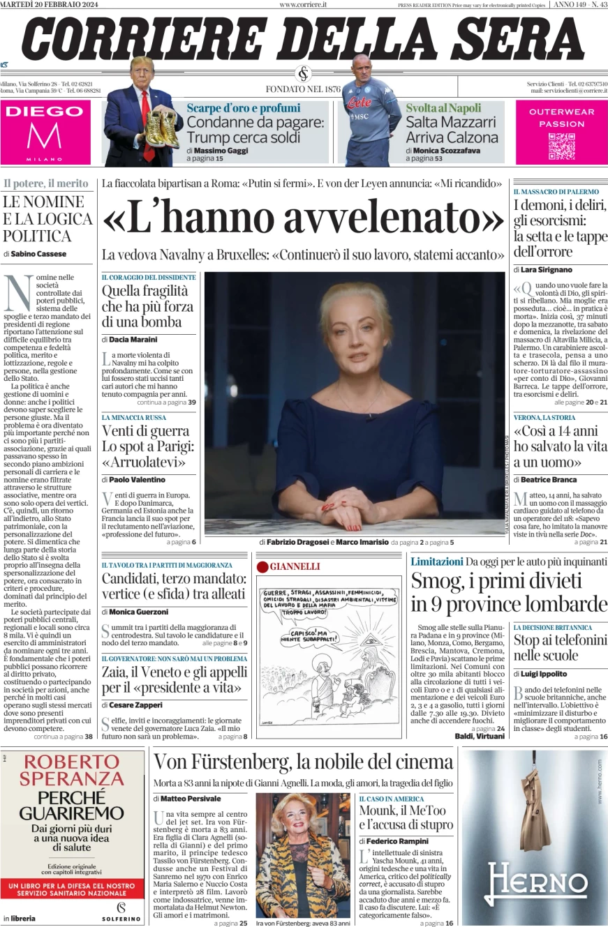 anteprima della prima pagina di corriere-della-sera del 20/02/2024