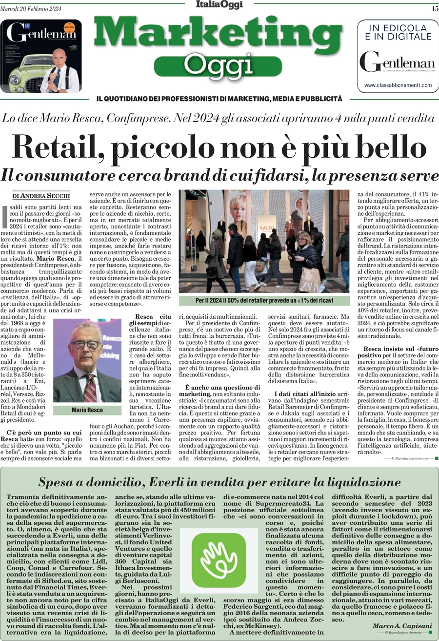 anteprima della prima pagina di marketing-oggi del 20/02/2024
