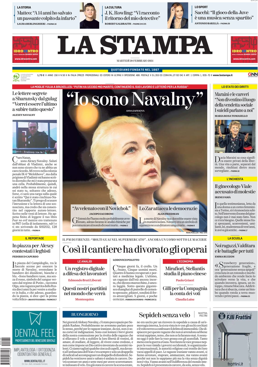 anteprima della prima pagina di la-stampa del 20/02/2024