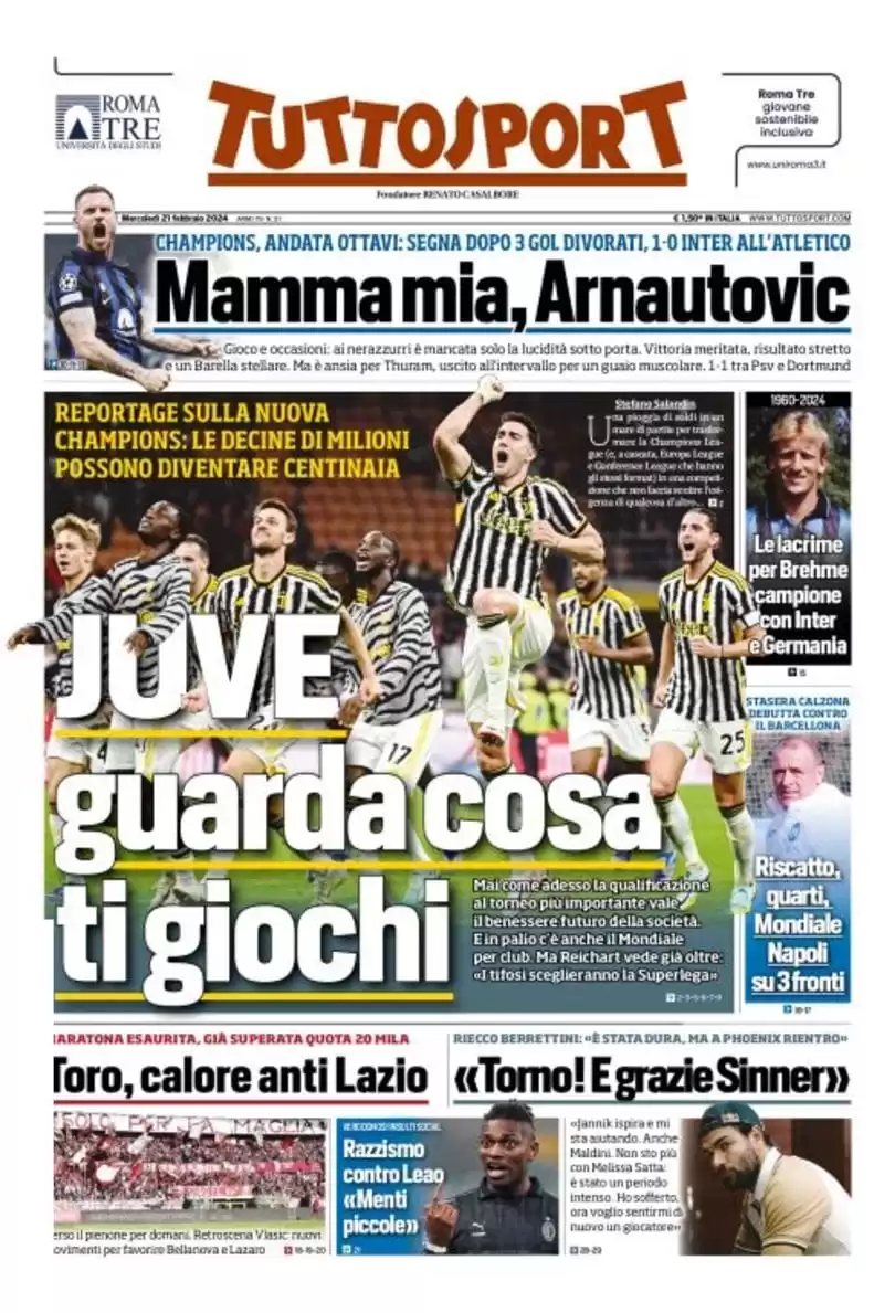 anteprima della prima pagina di tuttosport del 20/02/2024