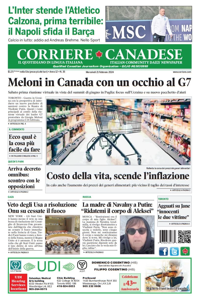 anteprima della prima pagina di corriere-canadese del 20/02/2024