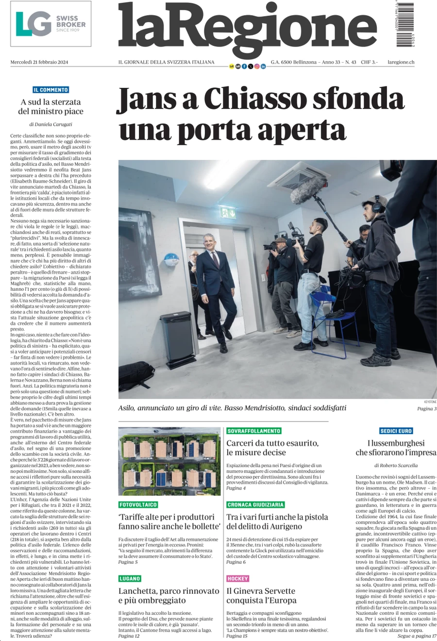 anteprima della prima pagina di la-regione del 21/02/2024