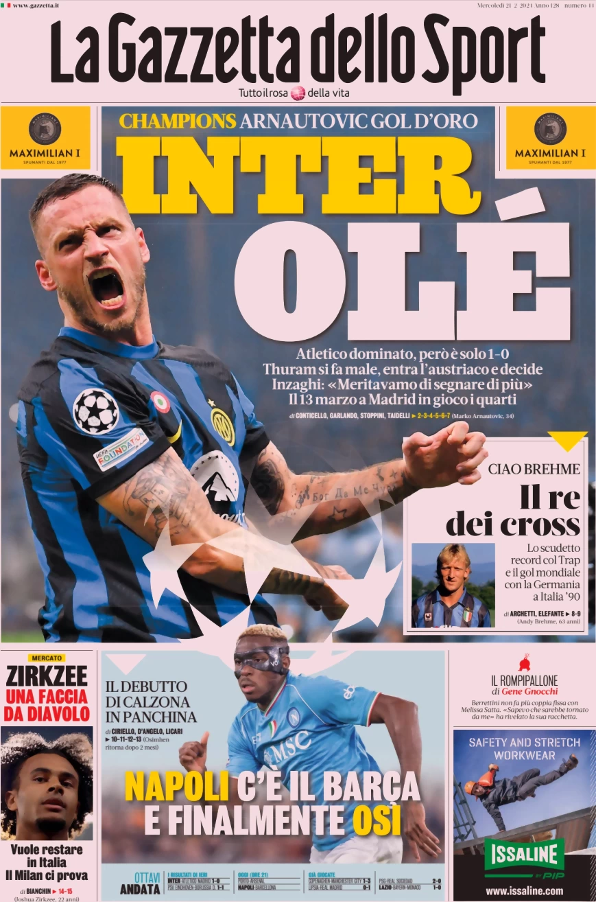 anteprima della prima pagina di la-gazzetta-dello-sport del 21/02/2024