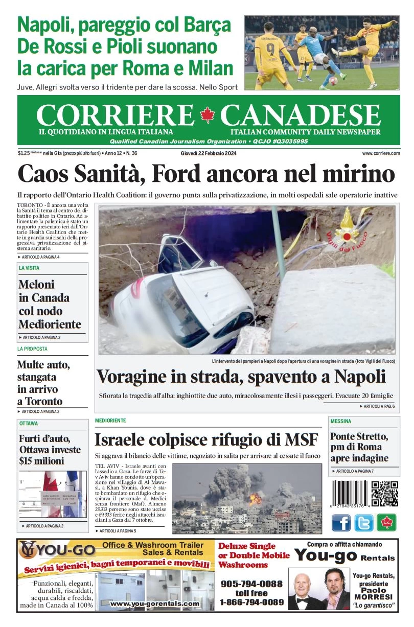 anteprima della prima pagina di corriere-canadese del 21/02/2024