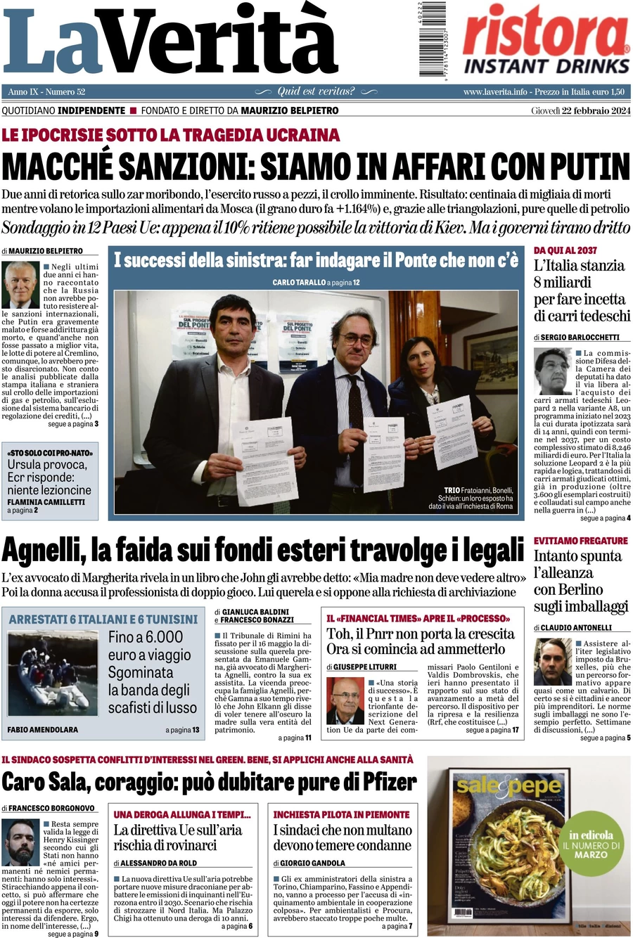 anteprima della prima pagina di la-verit del 21/02/2024