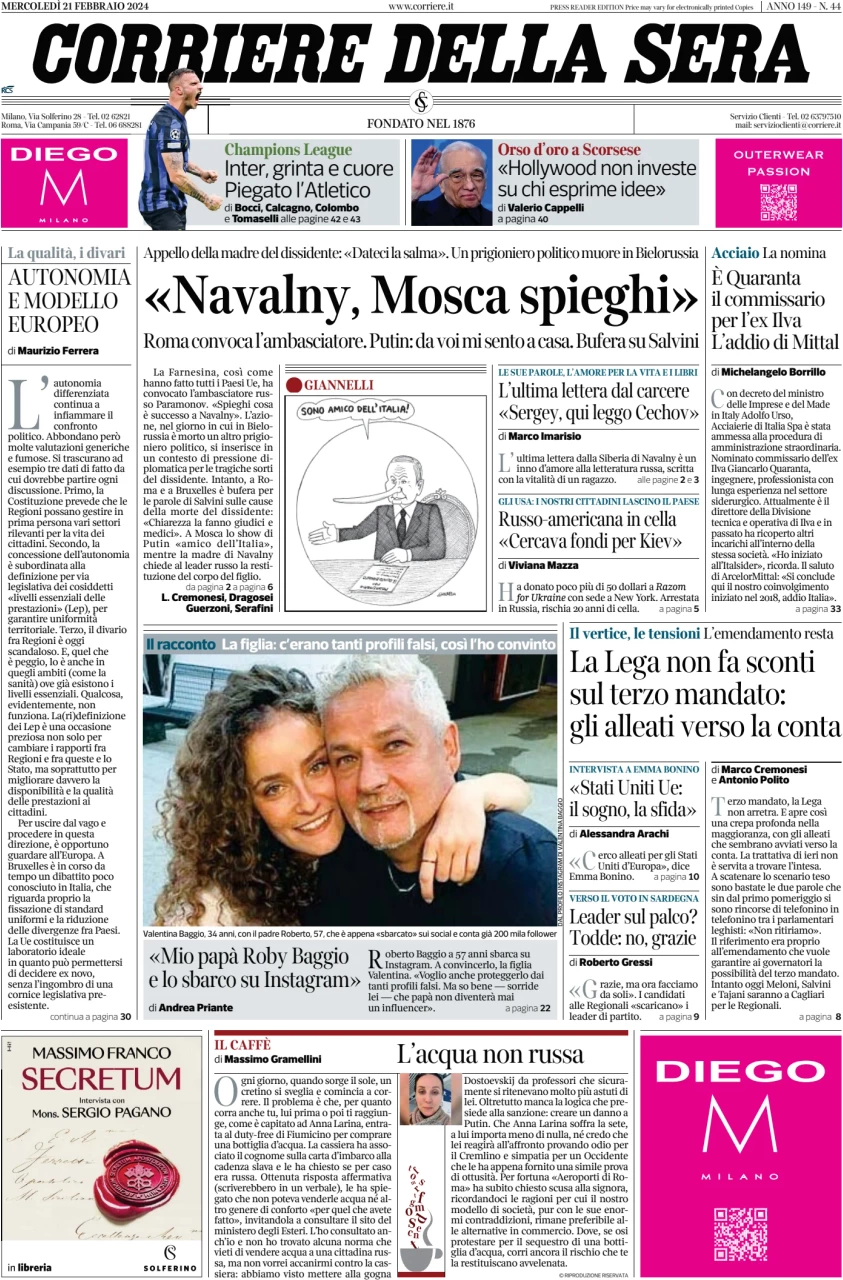 anteprima della prima pagina di corriere-della-sera del 21/02/2024