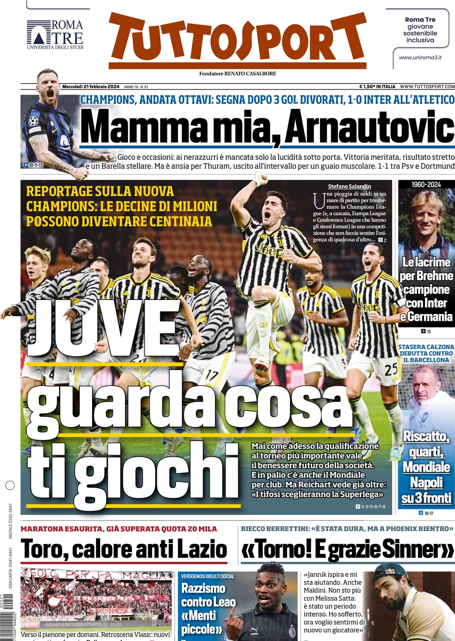 anteprima della prima pagina di tuttosport del 21/02/2024