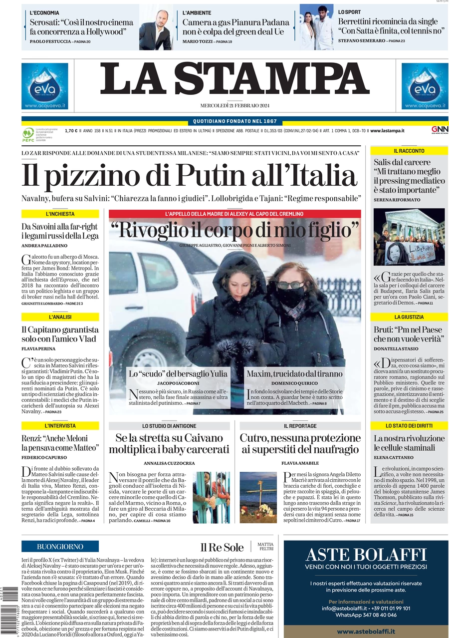 anteprima della prima pagina di la-stampa del 21/02/2024