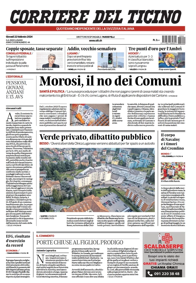 anteprima della prima pagina di corriere-del-ticino del 21/02/2024