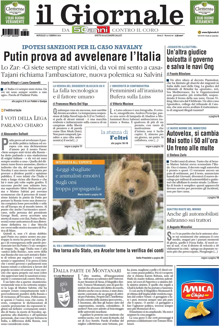 anteprima della prima pagina di il-giornale del 21/02/2024