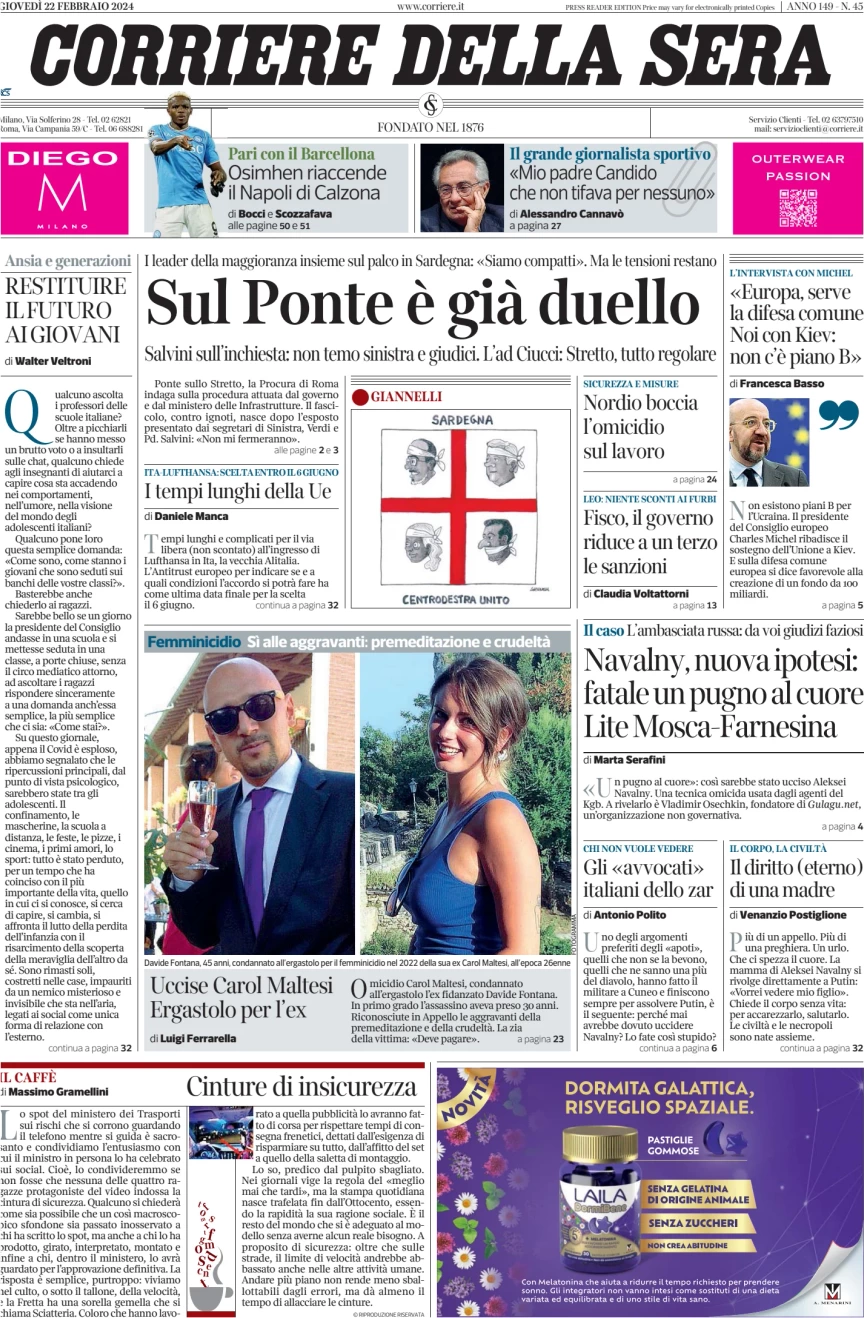 anteprima della prima pagina di corriere-della-sera del 22/02/2024