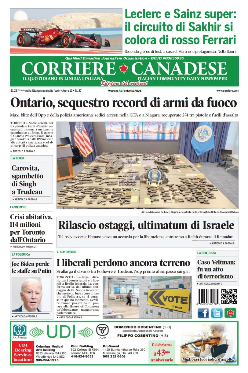 anteprima della prima pagina di corriere-canadese del 22/02/2024