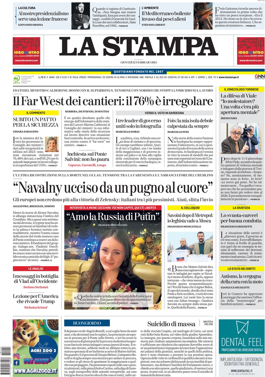 anteprima della prima pagina di la-stampa del 22/02/2024