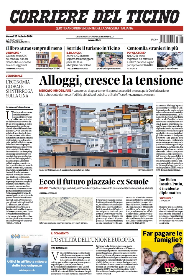 anteprima della prima pagina di corriere-del-ticino del 22/02/2024