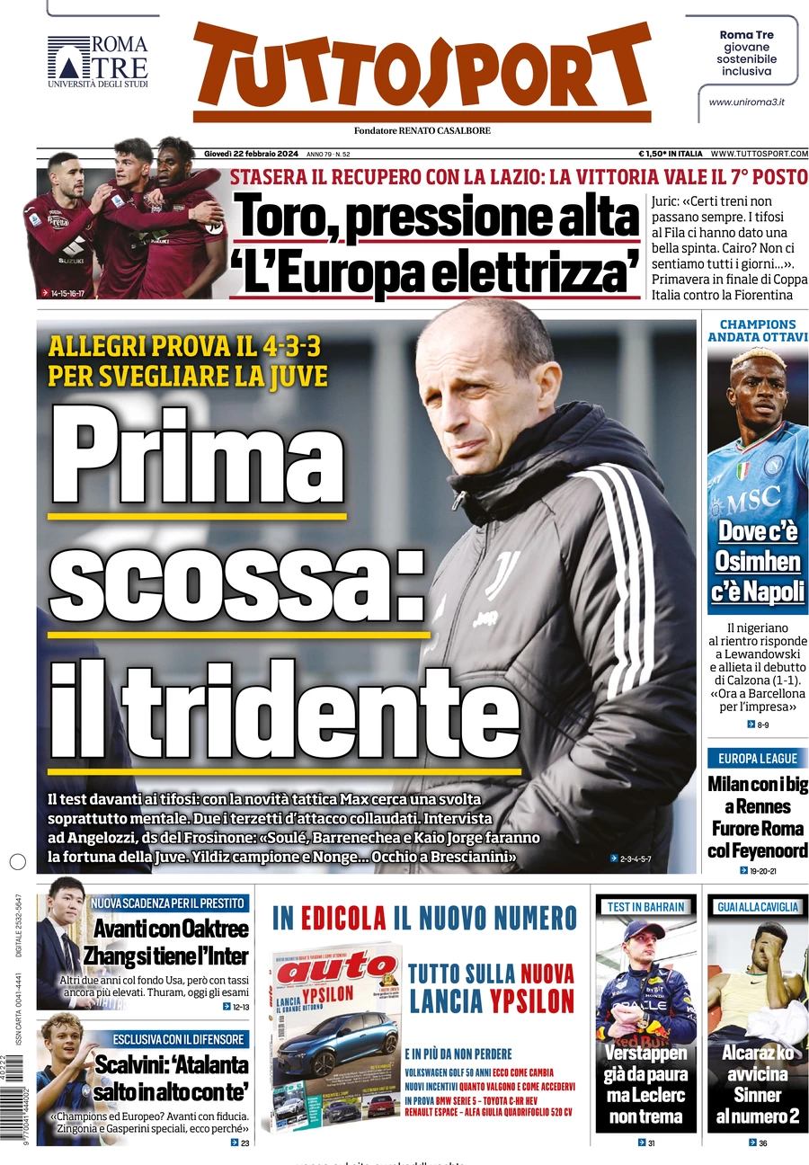 anteprima della prima pagina di tuttosport del 22/02/2024