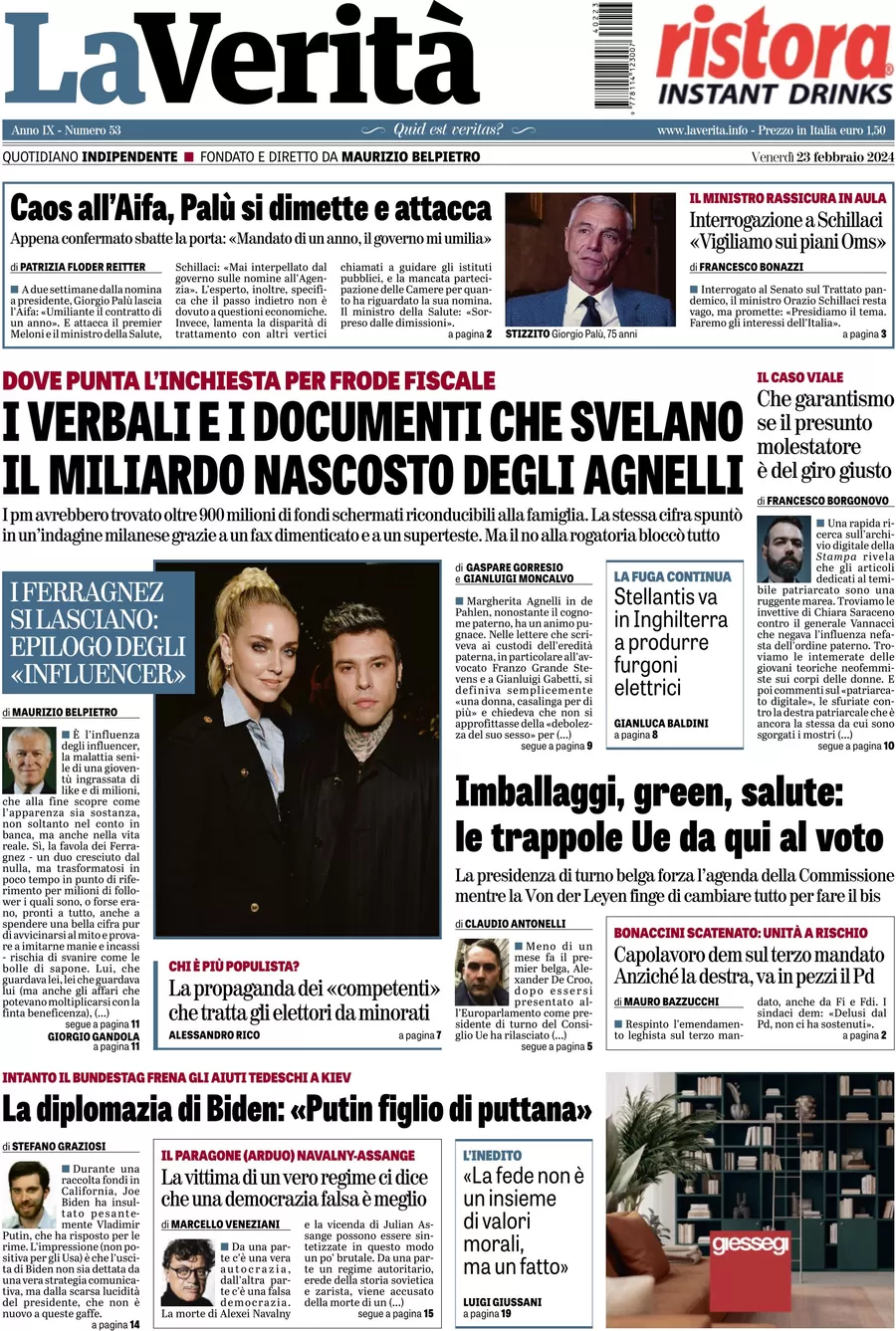 anteprima della prima pagina di la-verit del 22/02/2024