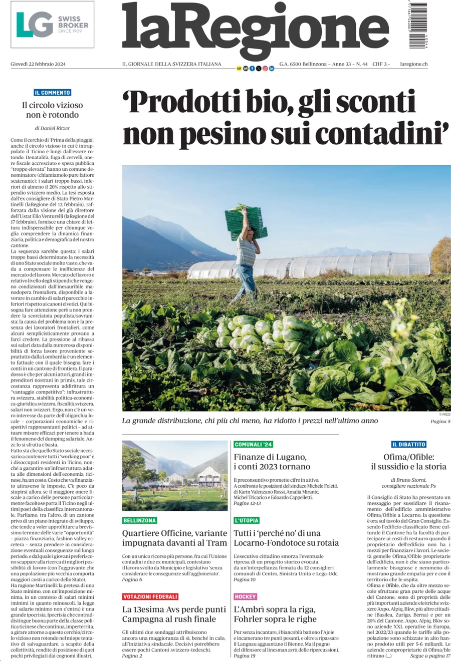 anteprima della prima pagina di la-regione del 22/02/2024