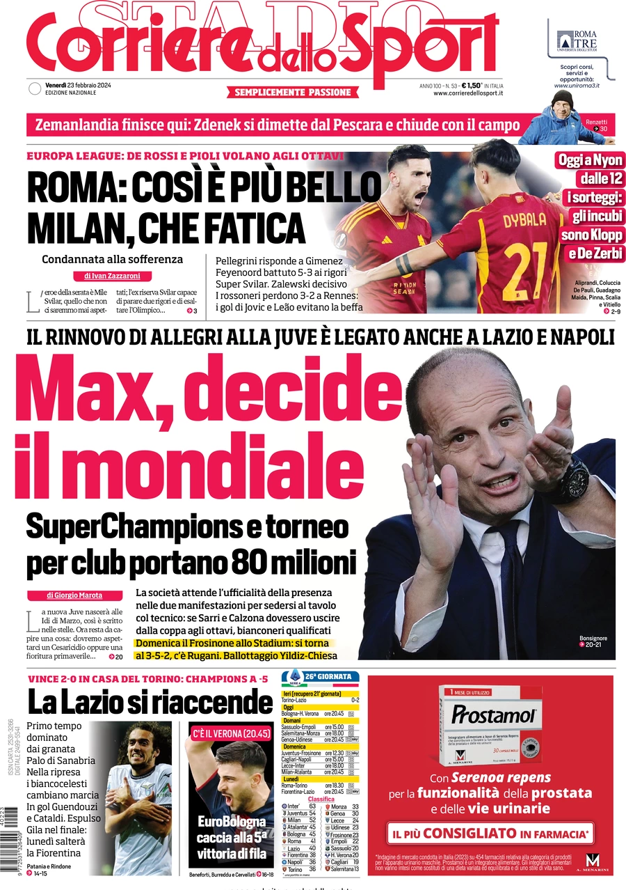 anteprima della prima pagina di corriere-dello-sport del 23/02/2024