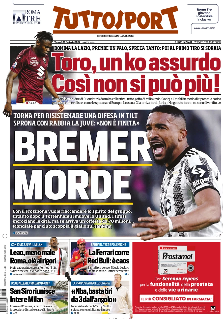 anteprima della prima pagina di tuttosport del 23/02/2024