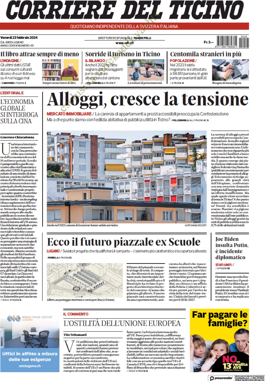 anteprima della prima pagina di corriere-del-ticino del 23/02/2024