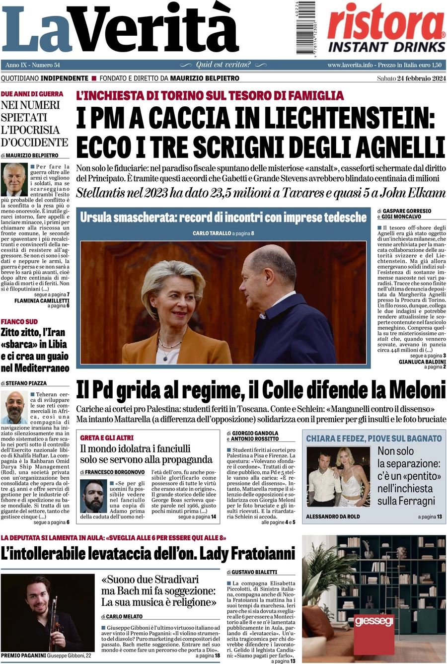 anteprima della prima pagina di la-verit del 23/02/2024