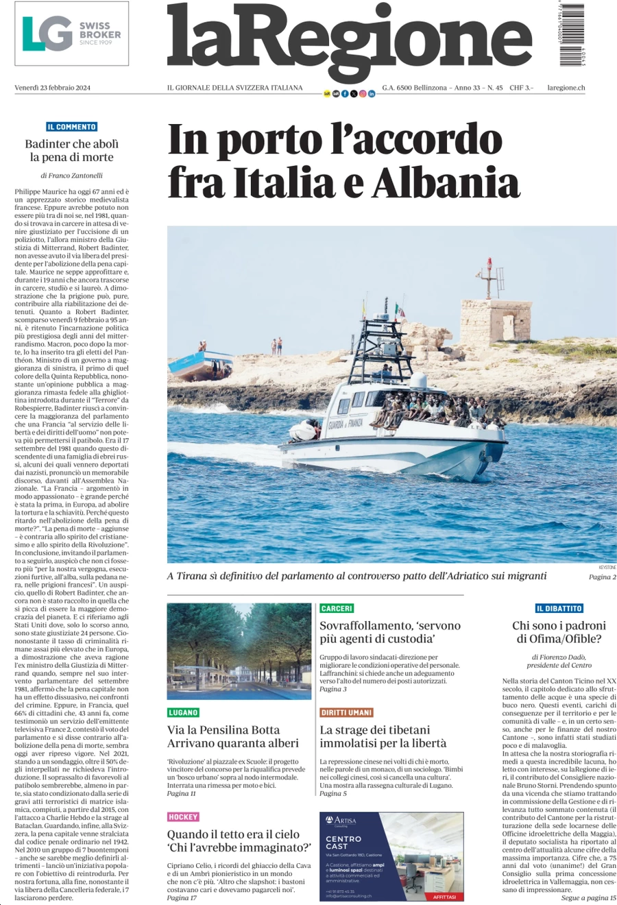 anteprima della prima pagina di la-regione del 23/02/2024