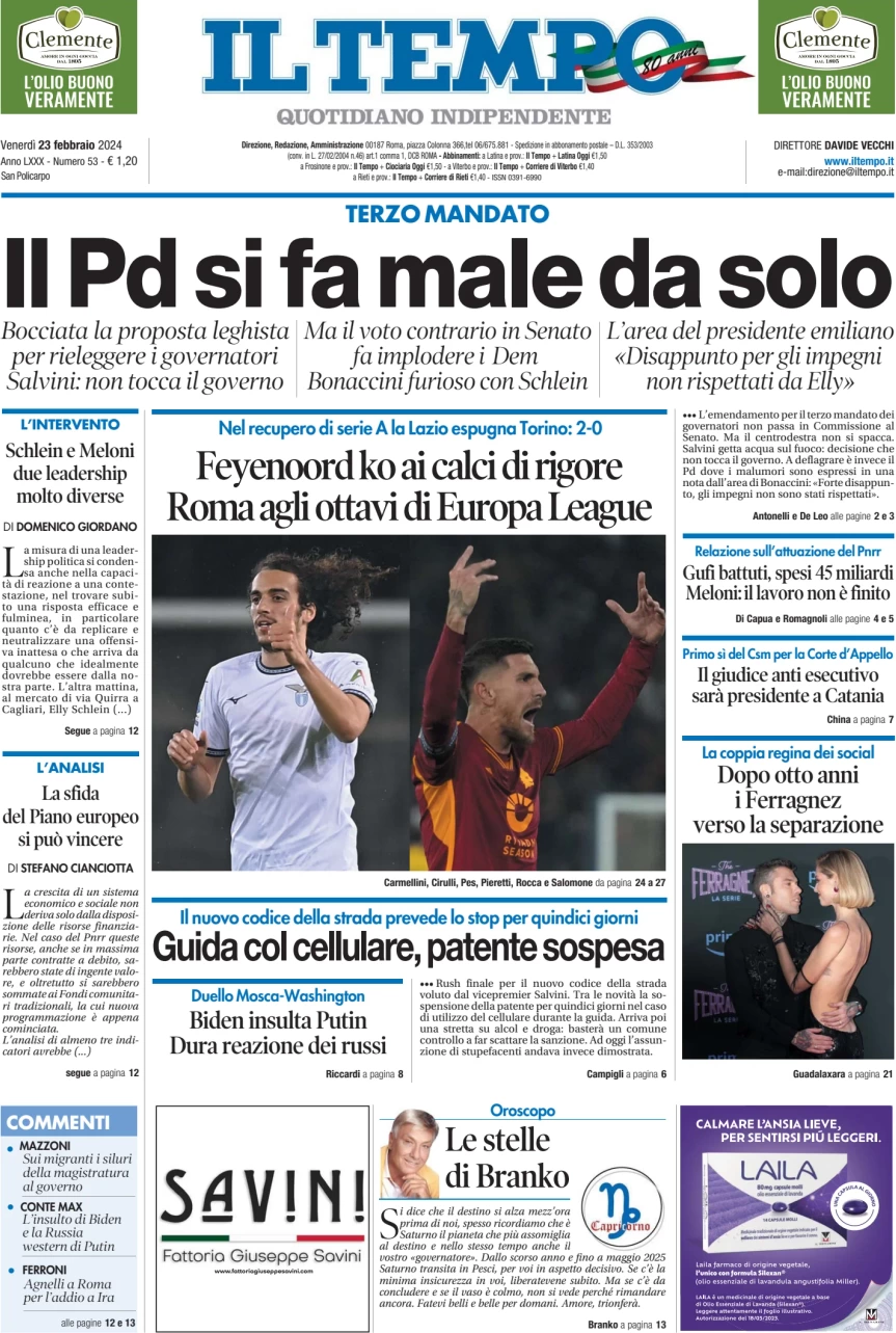 anteprima della prima pagina di il-tempo del 23/02/2024